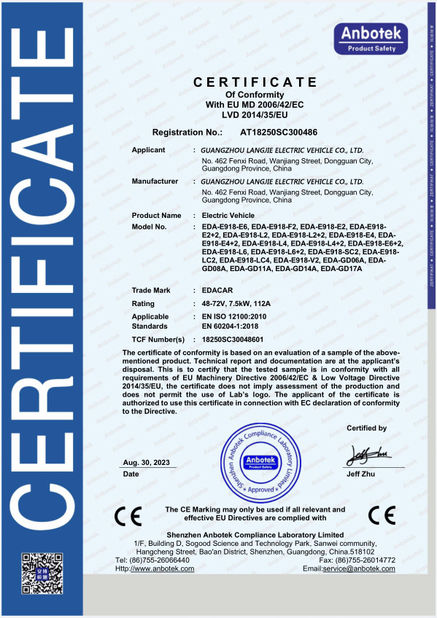 Cina Guangzhou Langjie Electric Vehicle Co., Ltd. Certificazioni