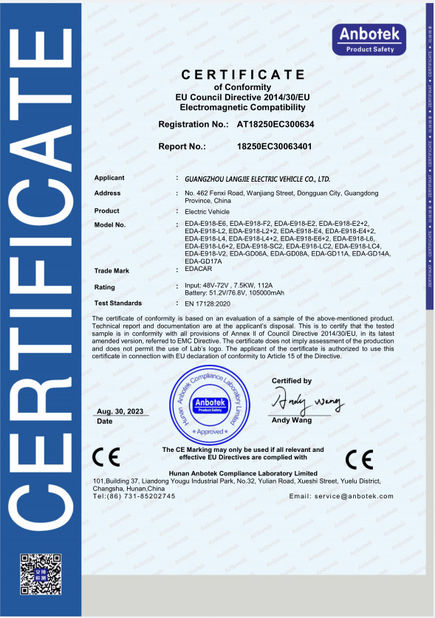 Cina Guangzhou Langjie Electric Vehicle Co., Ltd. Certificazioni